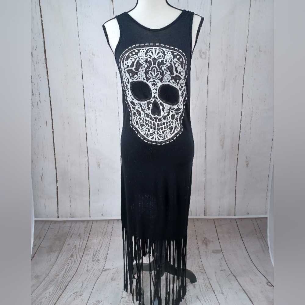 🎁 5 for $25 Tank Dress Graphic Scull Fringe Black